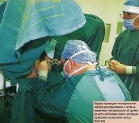 Хирург проводит гистероскопическое исследование с использованием гистероскопа