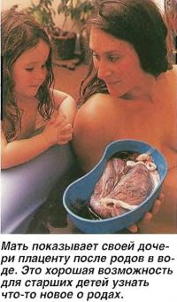 Мать показывает своей дочери плаценту после родов в воде