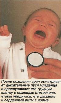 После рождения врач осматривает дыхательные пути младенца
