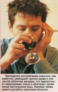 Употребление алкоголя препятствует образованию слизи и обостряет проявления пептической язвы