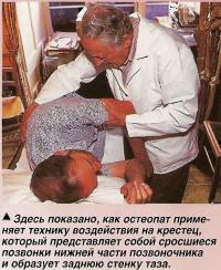 Здесь показано, как остеопат применяет технику воздействия на крестец
